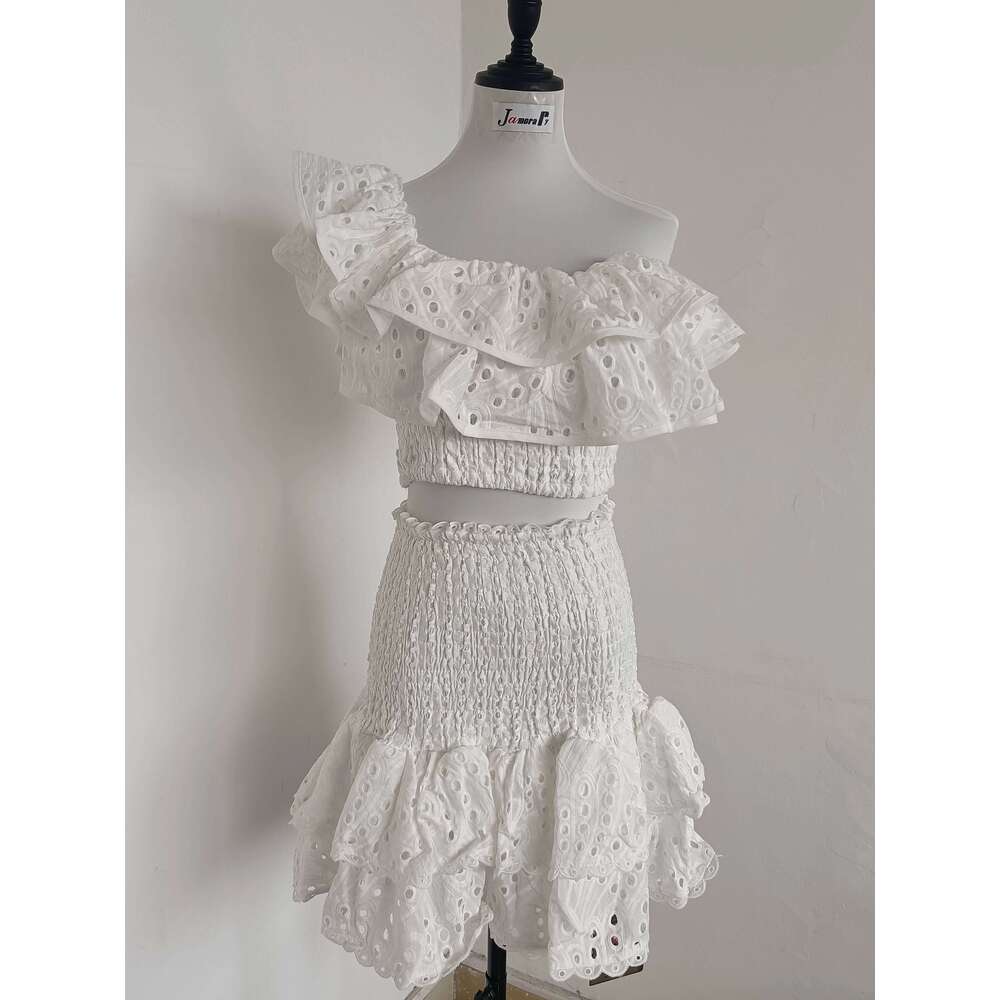 JAMERARY Summer Embroidery 2 Pieces Women Sets Slash Neck Elastic Ruffles Cropped Top + Mini Skirt Suits Hollow Out Outfits Mdng260306