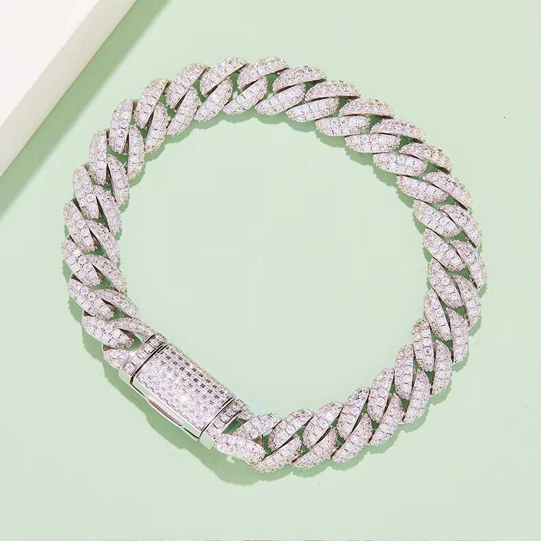 Hip Hop Style Iced Out Pave 10mm Link Chain Bracelet 925 Sterling Silver D Color VVS Moissanite Cuban Chain for Men