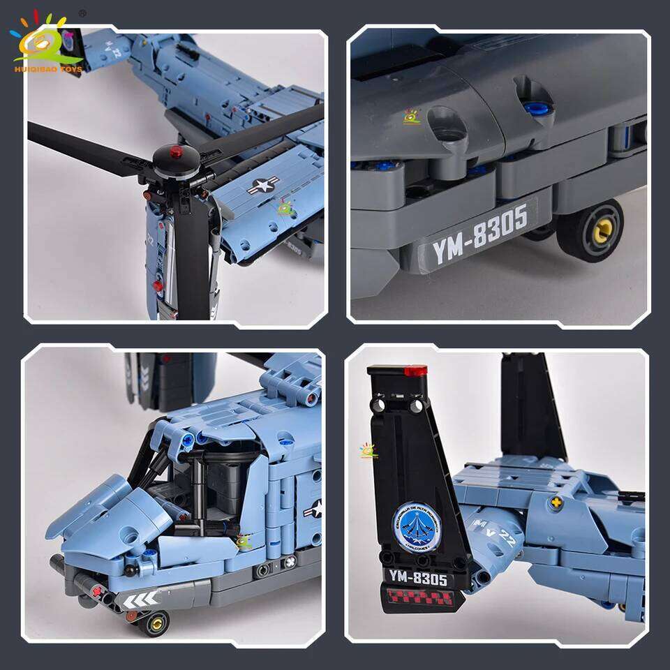 HUIQIBAO MOC 1389PCS V-22 Tiltrotor Aircraft Helicopter Building Block Children Military Airplane model Bricks Toy home Decor. Z260306