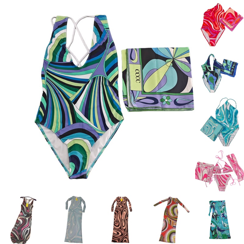 Luxury Women Racing Bodysuit With Scarf Summer Sexy One Shoulder Swimwear Seaside Resort Thin Print Sarong Dress
