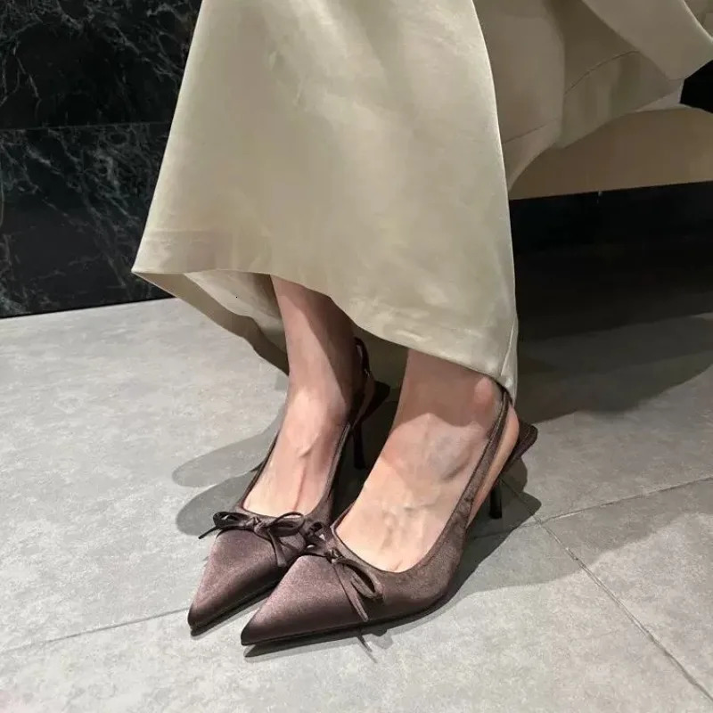 Satin Pointed Toe High Heeled Sandals Women Summer Sexy Thin Heels Slingback Shoes Bow Elegant Party Dress Shoes Women Pumps 260303