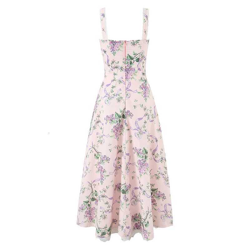 YENKYE 2025 Women Floral Print Fishbone Waist Spaghetti Straps Dress Summer Female Elegant Midi Long Party Dresses Holiday Robe X260306