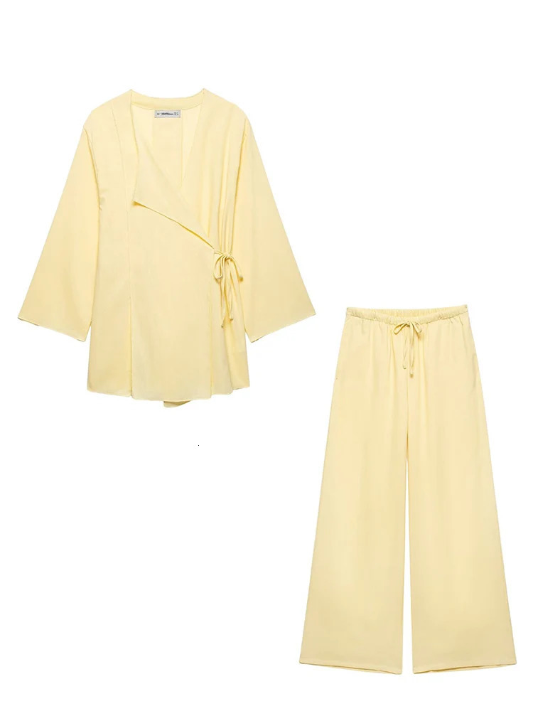 HH Fashion Womens Linen 2 Pieces Set Spring Summer Kimono Style Loose Lace Up Shirts Tops Female Wide Leg Pants Suits 260305
