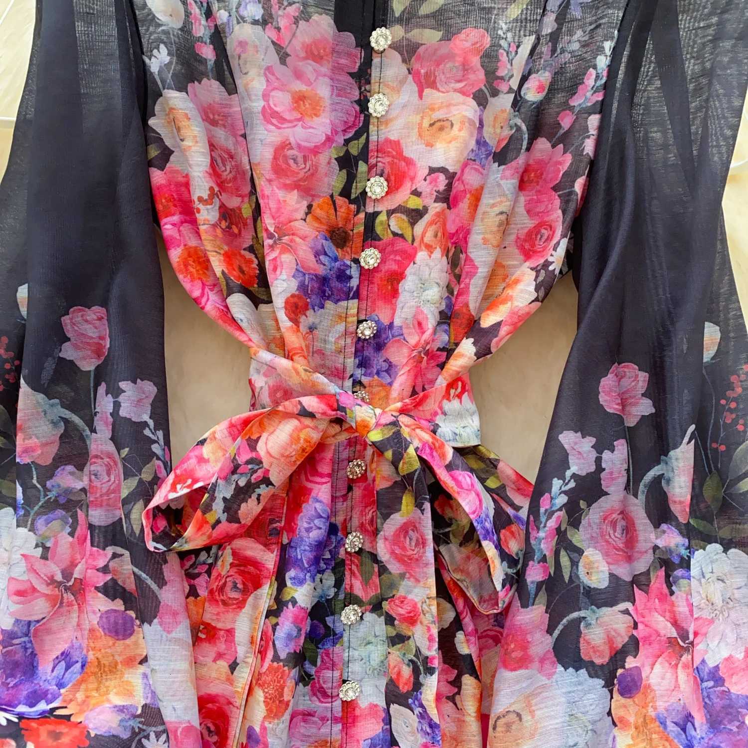 French Court Style Vintage Lantern Sleeve Dress Pearl Single Breasted Belt Slim Waist A-line Big Swing Robe Spring Chic Vestidos X260306