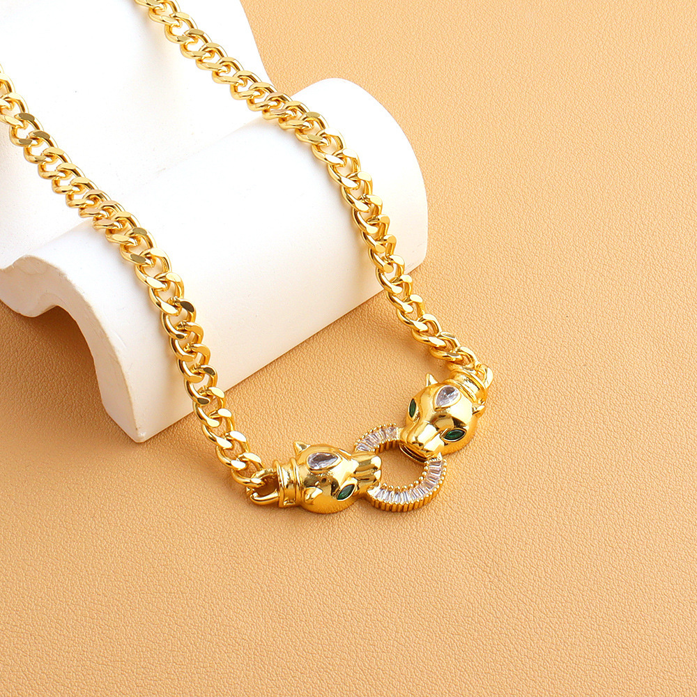 necklace new fashion trend personalized hip-hop copper micro-inlaid zircon double-headed leopard necklace, adjustable punk style necklace