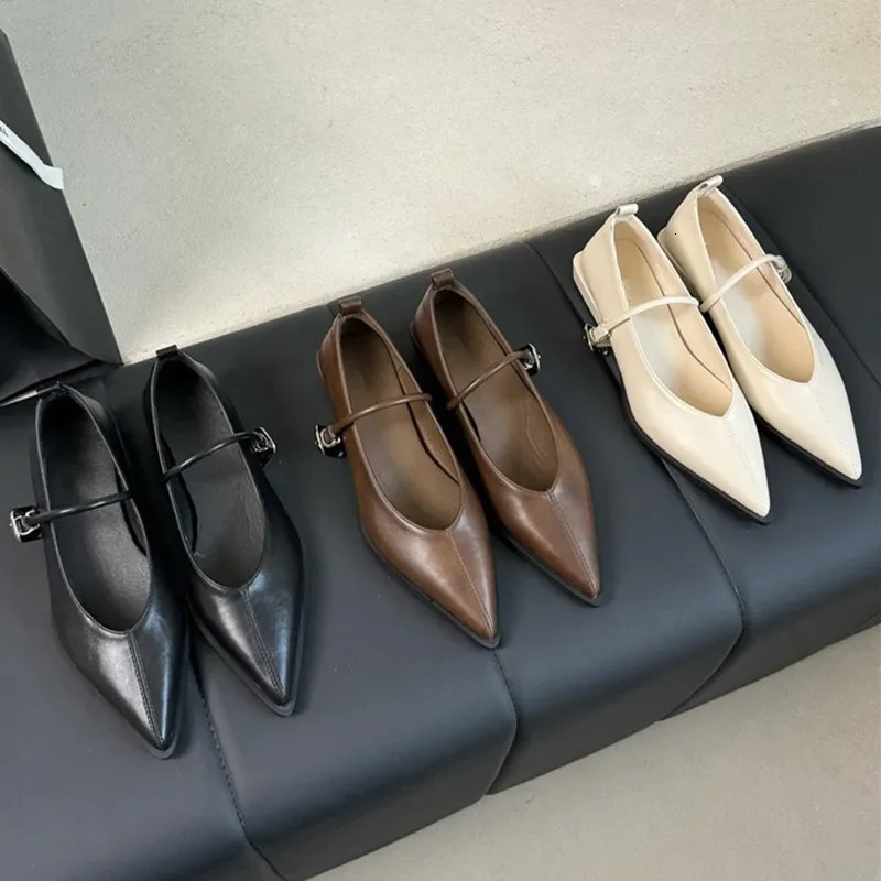 Pointed Toe Women Shoes Buckle Strap Solid Color Retro er Low Heel Shallow Female Shoes Leather Concise Casual Shoes 260303