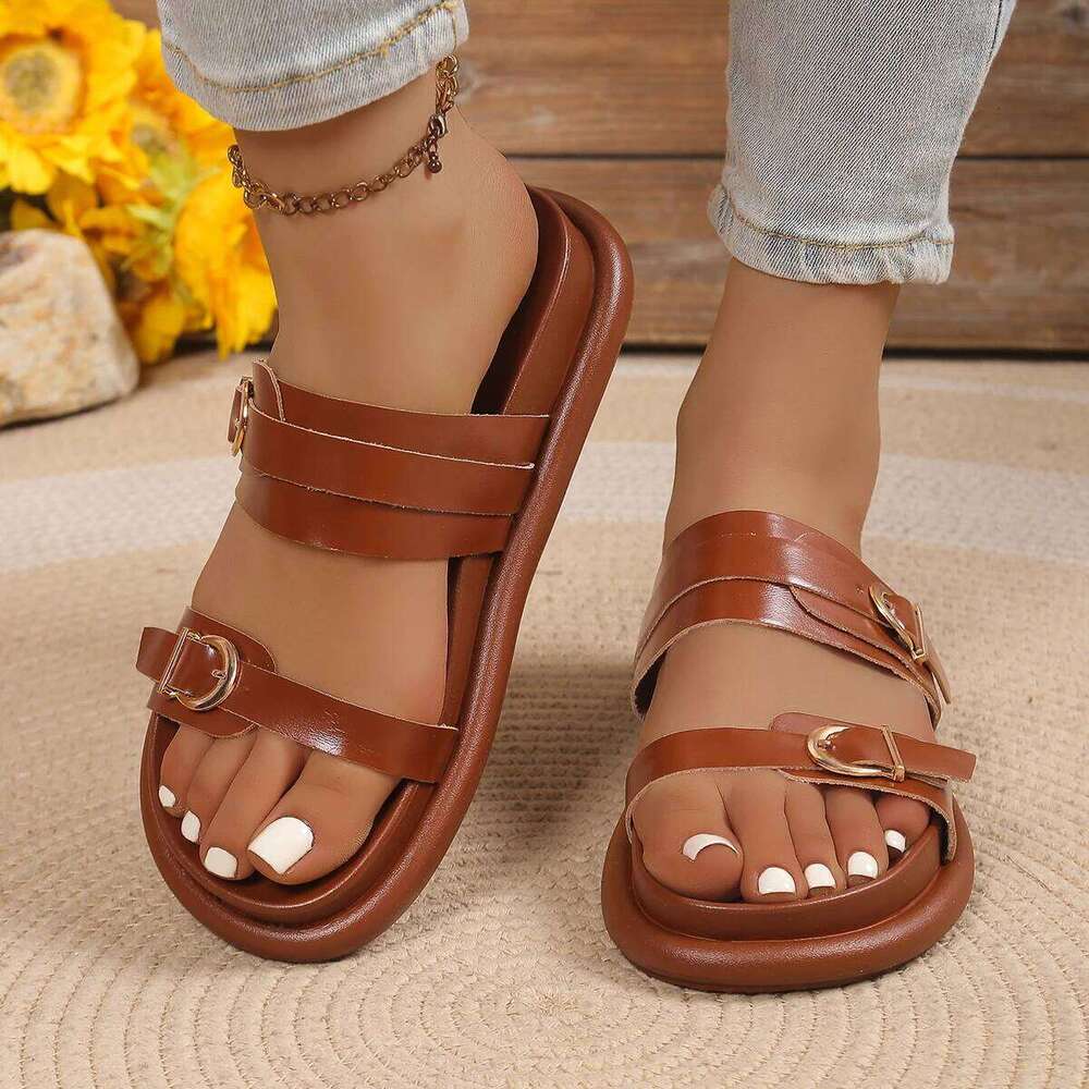 2026 Casual Flat Women Beach Slippers Outdoor Thick Bottom Female Summer Slides Metal Buckle Soft Leather Ladies Roman Shoes
