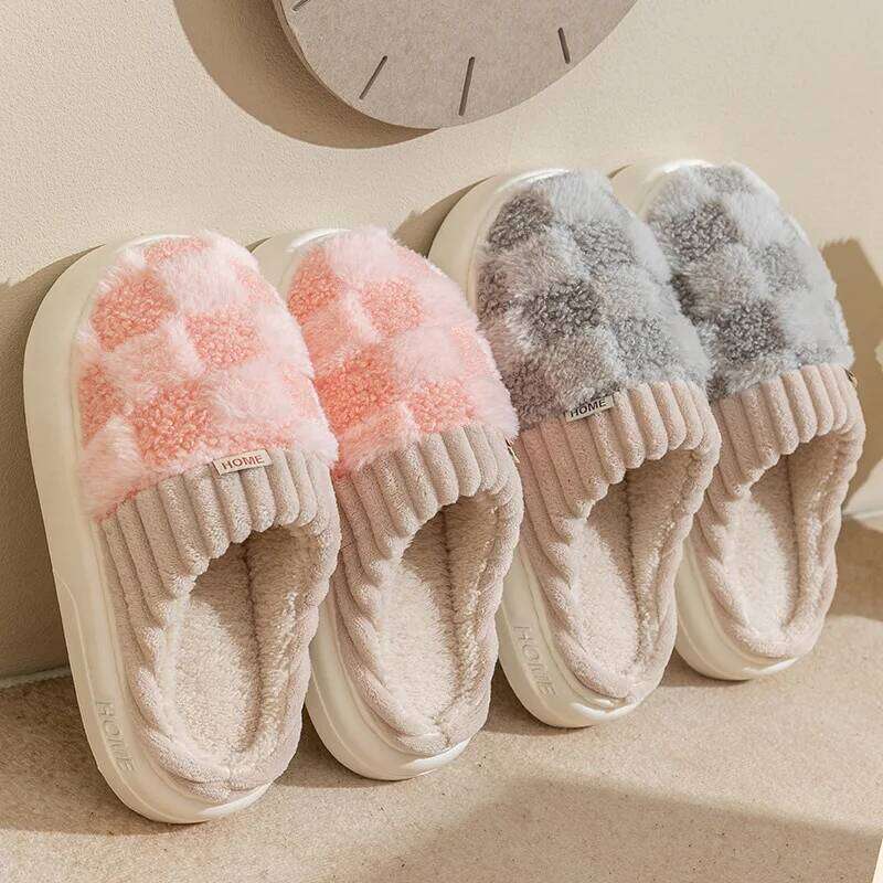 Litfun Winter Fur Fuzzy For Women New Pineapple Lattice Soft Sole Plush Shoes Non-slip Warm Home Fluffy Cotton Slippers