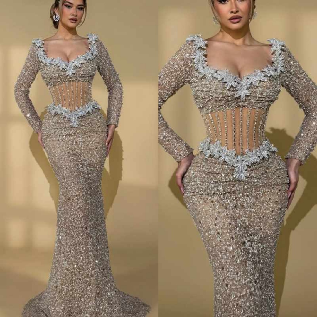 Graceful Evening Dresses Mermaid Strapless Crystals Prom Dresses Long Sleeve Celebrity Party Gown Customized Vestido De Novia