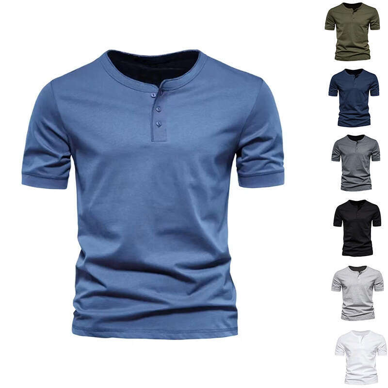 Amazon cross-border men's clothing T-shirt, Henley shirt, European and American slim-fit buttoned round-neck solid color casual sports short-slee