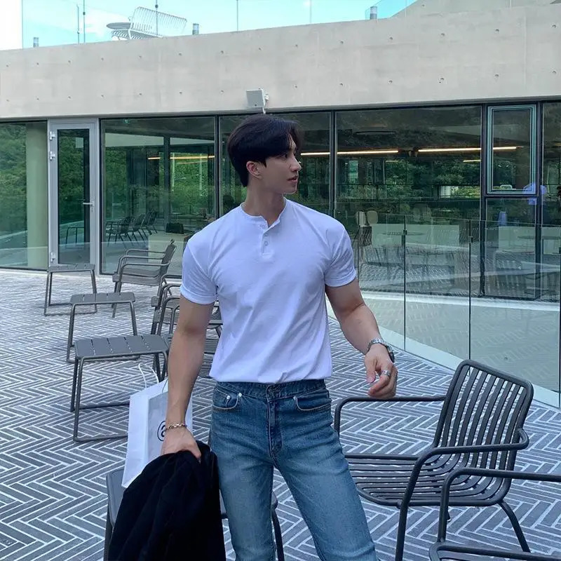 Summer Mens Short Sleeve Henley Neck T Shirts American Retro Casual Beach T-shirts Loose High-Quality Fitness Sports Shirt Tops 260304