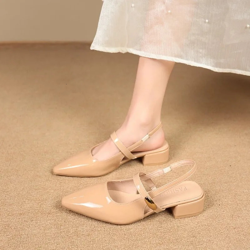 White Leather Pointed Toe Low Heel Heels Woman Shoes Pumps Fashion Buckle Strap Mules Sandals Zapatos Mujer 260303