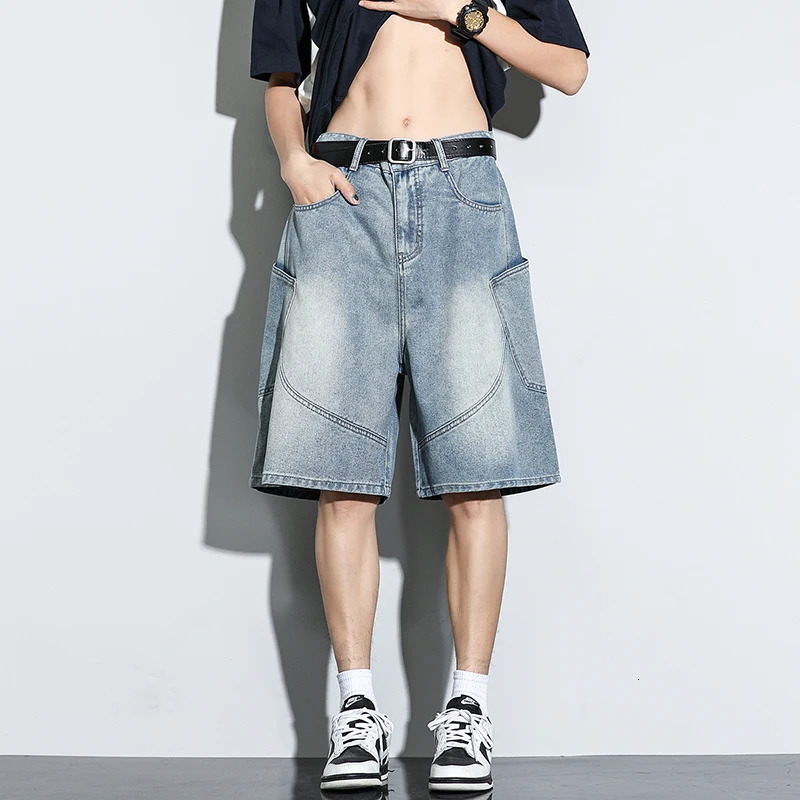 Summer Baggy Denim Shorts Fashion Casual Straight Harajuku Jeans Male Vintage Wash Drawstring Short Pants Streetwear 260306