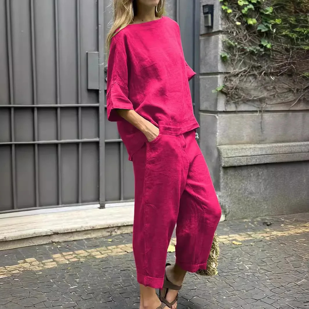 S-5XL Summer Womens 2-piece Plus-size Cotton and Linen Shirt High-waisted Pant Suit 2 Piece Sets Womens Outfits 260305