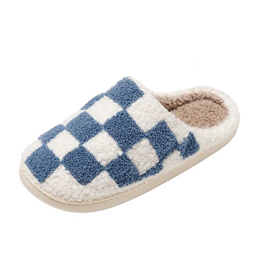 Fuzzy Women Men Slippers Fashion Checker Embroidery Houseshoes Cozy Fluffy House Retro Checkered Print Winter Home Shoes S260305