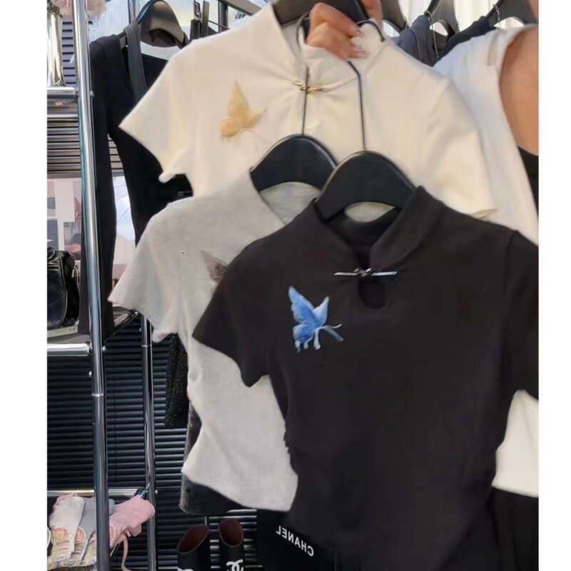 Chinese women's T-shirt new fashionable slim fit solid color butterfly embroidery top versatile Y2K style sexy fashion