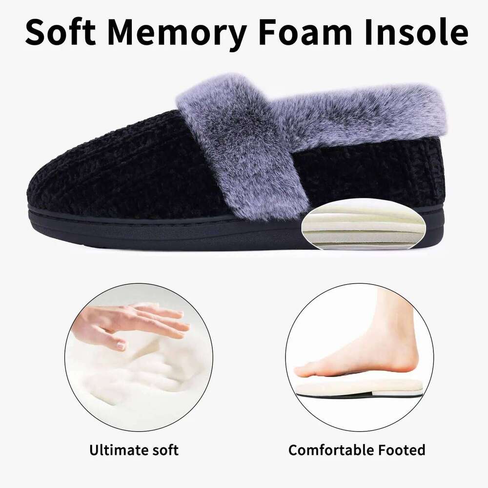 Litfun Winter Furry Women's Memory Foam Closed Back Slides Fur Knit Non-slip Indoor Slide Slip On Warm Outdoor Slippers