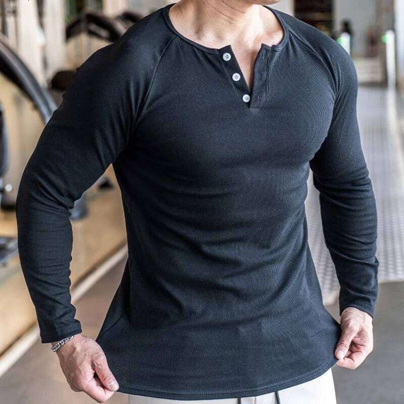 Men's Long Sleeved Henley Fitness Sports Tops Tees Button Neck Casual Cozy Tshirt Fit Autumn T-shirt for Daily We 26H0306