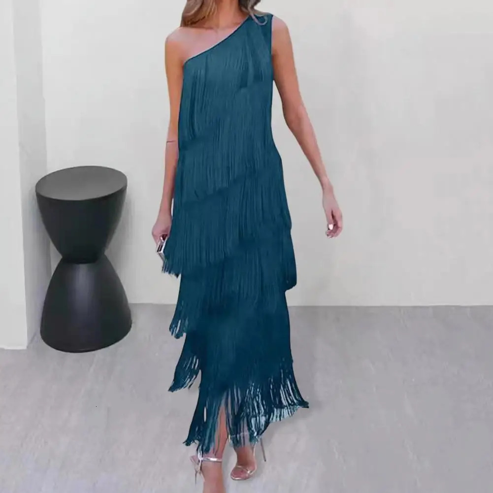 Spring Summer Dress Cocktail Party Elegant Fringed Tassel Evening for Women One Shoulder Maxi 260302