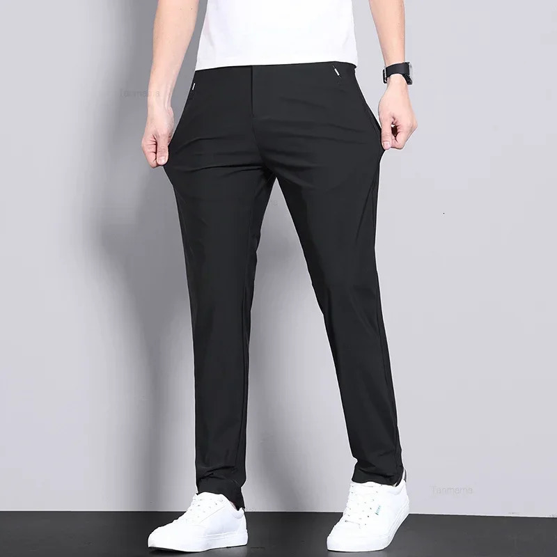 Ultra-thin Elastic Mens Casual Trousers Summer Quick-drying Ice Silk Slim Straight Business Solid Color Trousers Black Gray 260304