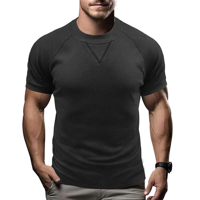 Amazon European and American short-sleeve ribbed crew neck waffle T-shirt top, cross-border men's basic rugged style