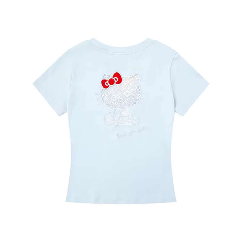 Sweet Cute Cat Hollow Short Sleeve V-neck T-shirt Women's Slim Fit Pure Cotton Style Summer Fashion Top Y2K cartoon embroidery