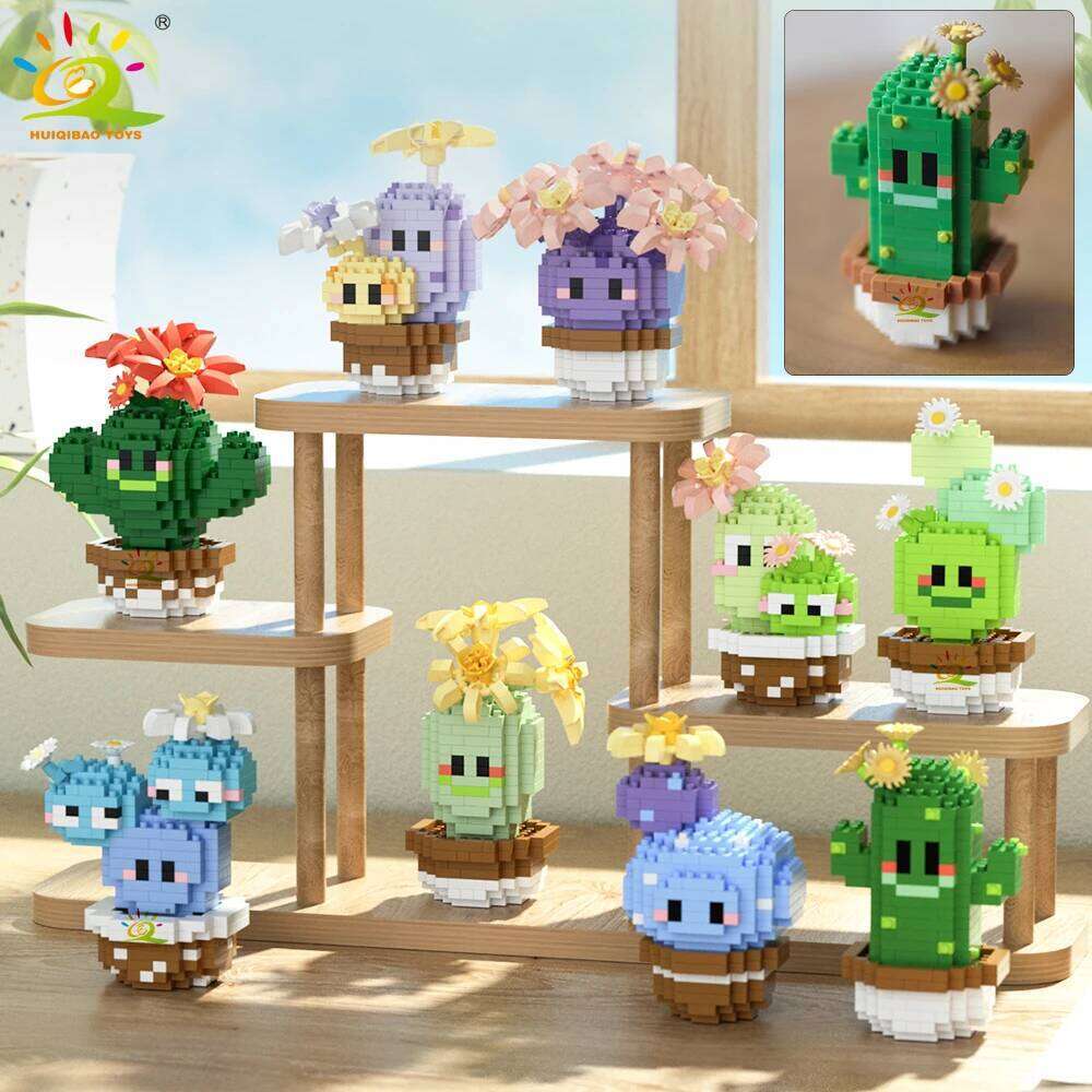 HUIQIBAO Mini MOC Cactus Potted Plant Micro Building Block 3D Diamond Flower Desk Decoration Model Brick DIY Toys for Children Z260306