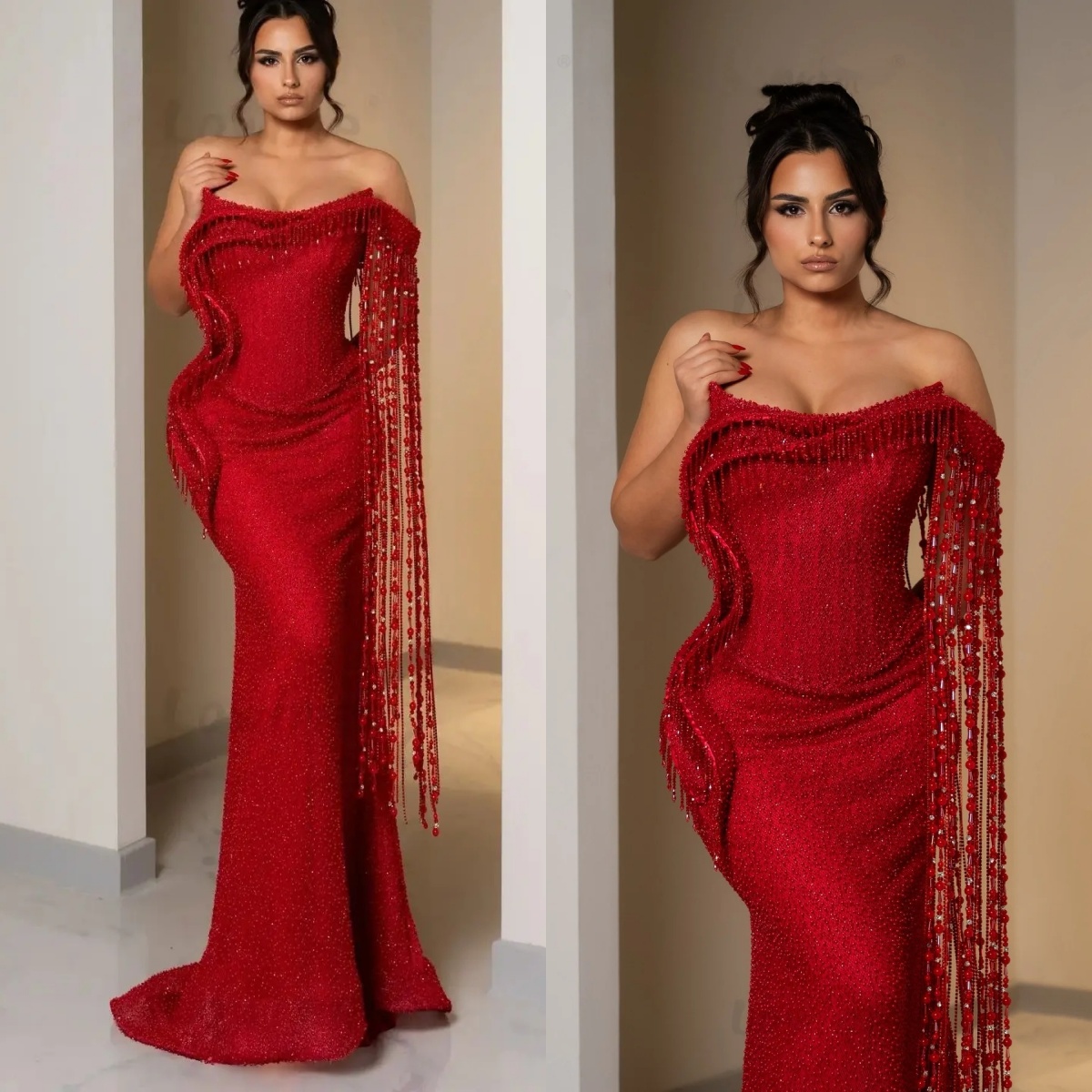 Classic Mermaid Evening Dresses For Women Beading Crystal Gown Off Shoulder Sleeveless Sweep Train Dress Party Custom Made