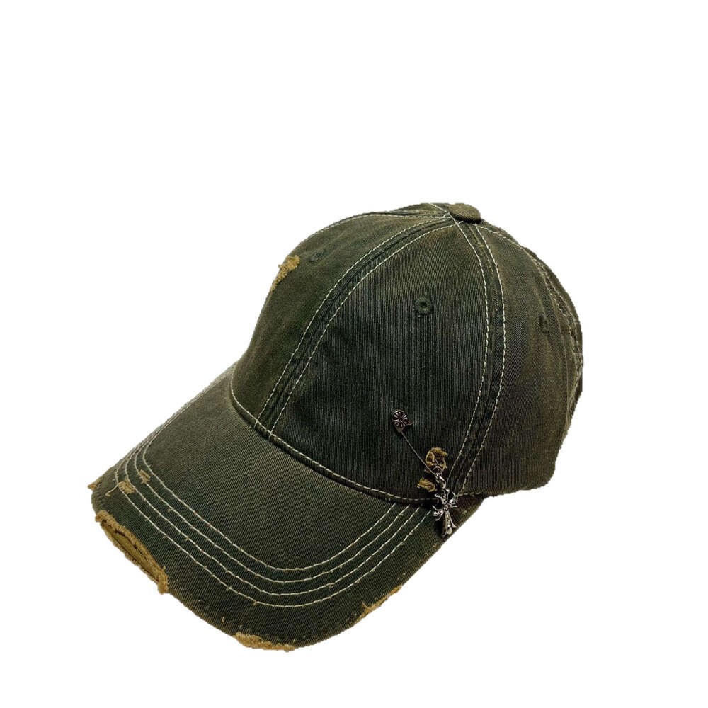 Trendy Cross pin washed denim baseball cap Casual sports hat youthful Unique Distressed Color-blocking American style