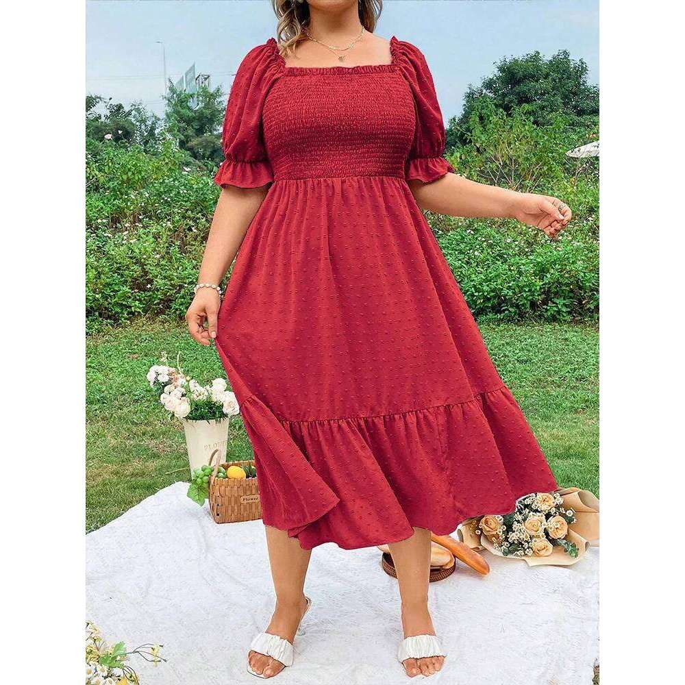 Plus Size Women's Pure Color Wrap Ruffle Hem Midi Square Neck Backless Short Sleeve Dress Elegant temperament