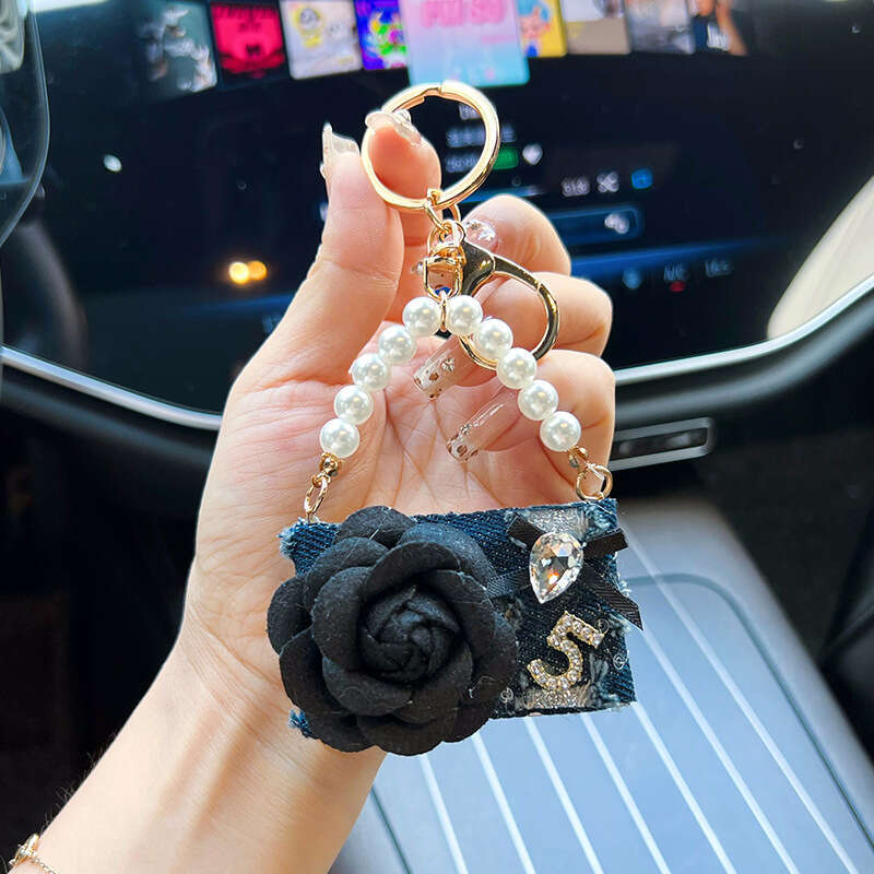 Creative Design Denim Camellia Model Women's Car Personalized Keychain Fashion Bag Pendant