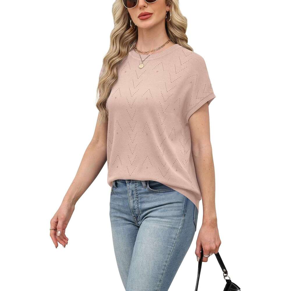 Short Sleeve Sweaters for Women Crew Designer Neck Summer Tops 2026 Trendy Beach Vacation Clothes Business Casual Outfits