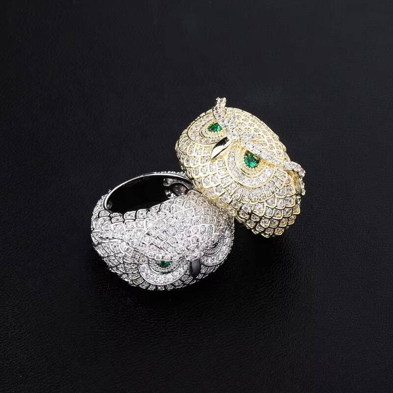 Luxury Fashion Owl Emerald Brass Real Gold Plated Rings Stylish Hip Hop Cubic Zircon Iced Out Wedding Anniversary Party Jewelry