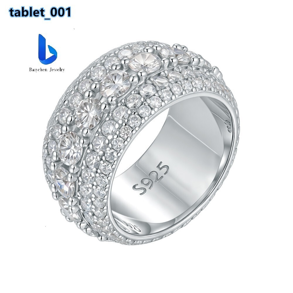 Hip Hop 925 Silver Mens Ring - 5 Rows VVS Moissanite GRA Certified Dazzling Eternity Band Pass Diamond Tester