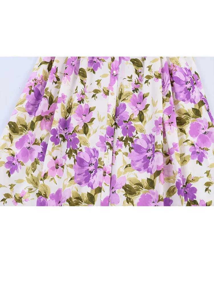 HH Womens Summer New Fashion Belted Purple Floral Print Long Dress Female Temperament Lapel Single-Breasted Short-Sleeved Dress X260306