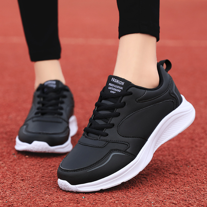 Autumn and winter leather outdoor running women's shoes, flat sports and leisure shoes, women's white shoes, oversized travel and driving sh