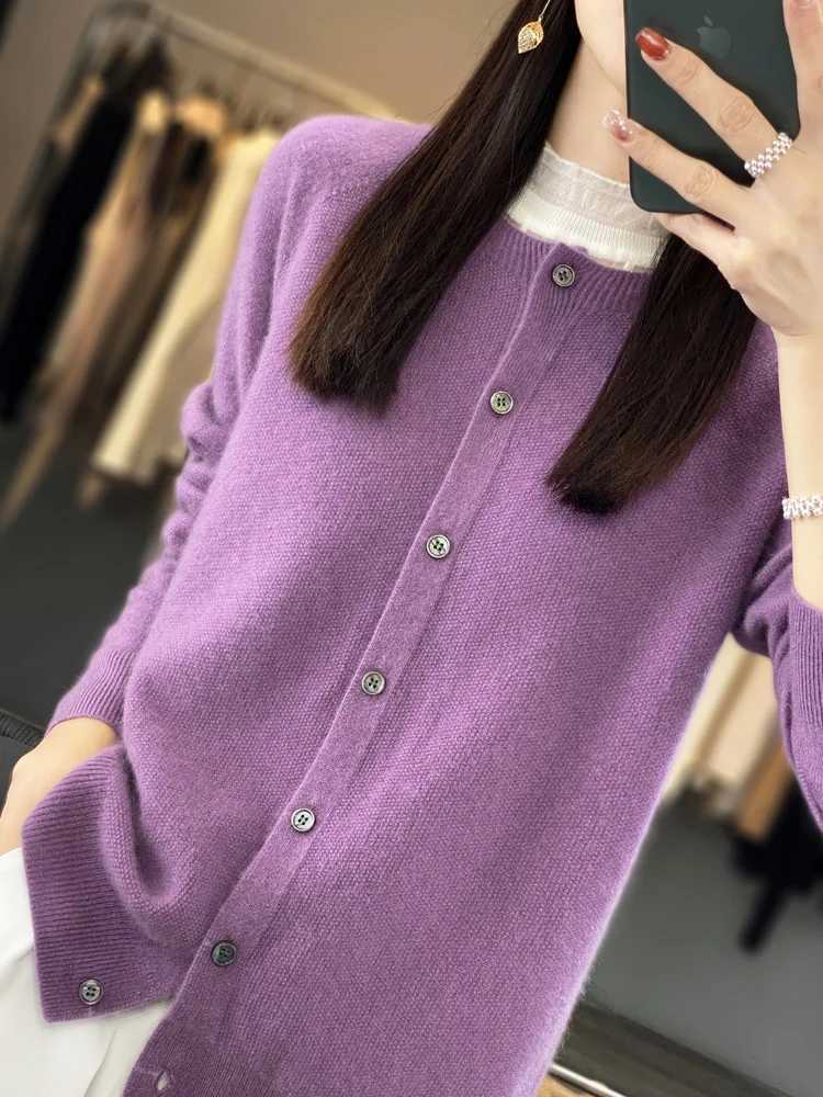 Aliselect Autumn Winter Women 100 Merino Wool Sweater O-Neck Tops Long Sleeve Basic Cashmere Knitwear Cardigan Clothing Coat M260306