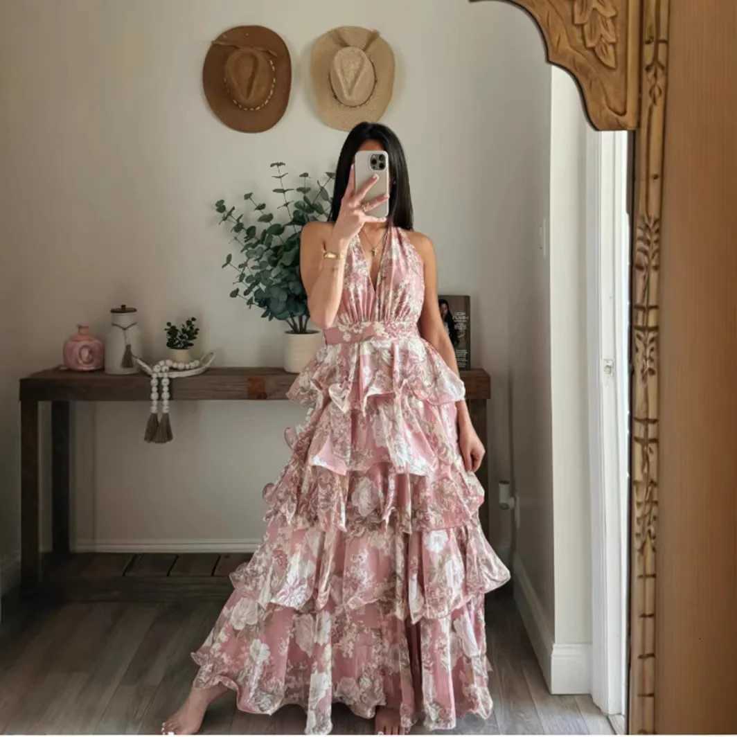 Flowers Print Halter Neck Leace-up Dresses Women Fashion Sexy V-neck Backless Multi-layer Party Dress Elegant Lady Vestidos New X260306