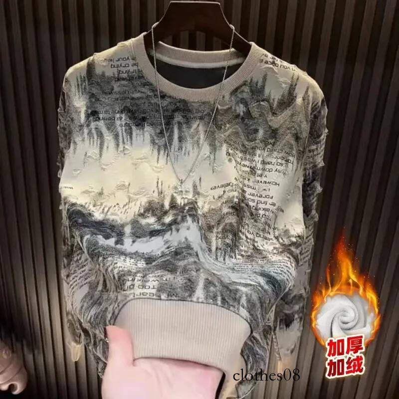 Style Autumn Winter Velvet Sweatshirt Men's Baby's Breath Hot Diamond Top Round Neck Long-sleeved T-shirt Bottoming Shirt