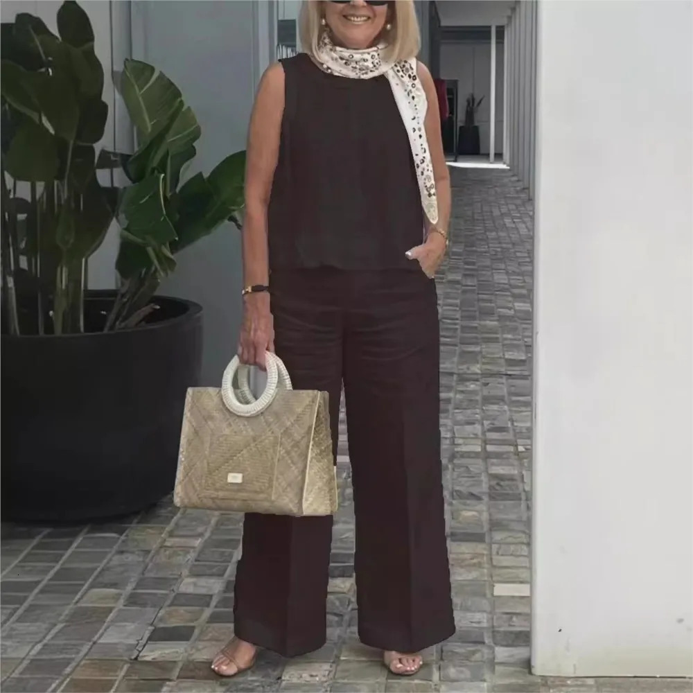 Spring Summer Cotton Linen Solid Color Sleeveless Vest Top Women Pants Suit Casual Pocket Elegant Female Office Retro 2Piece Set 260305