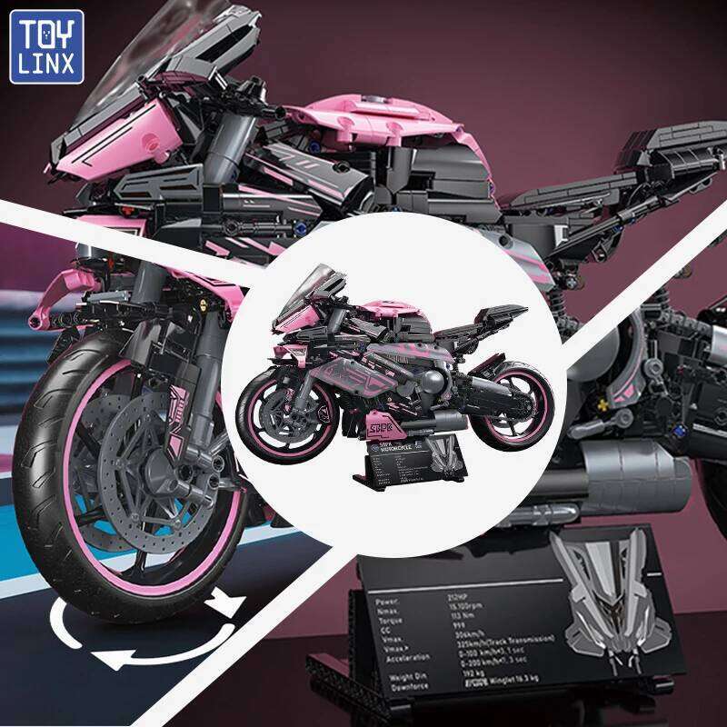 Cyberpunk Pink Motorcycle Desktop Decorations 2045PCS Racing Building Block Model Kid Toys Christmas Easter Festive Gift Giving Z260305