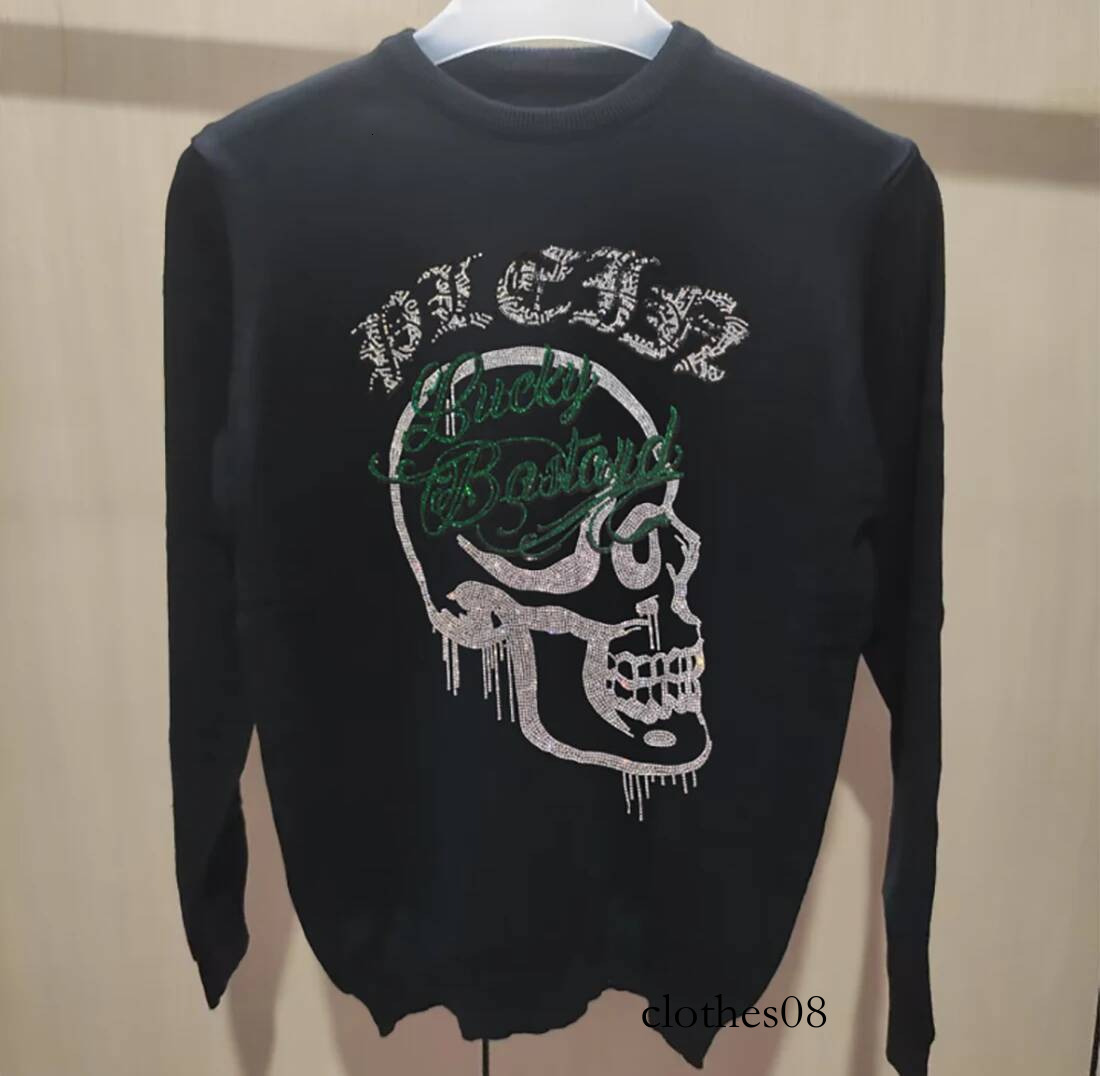 Men's Street Sweater Trendy Brand Rhinestone Skull Plein Pullover Tops Round Neck Plus Size Black Hip-Hop Streetwear Man Clothes
