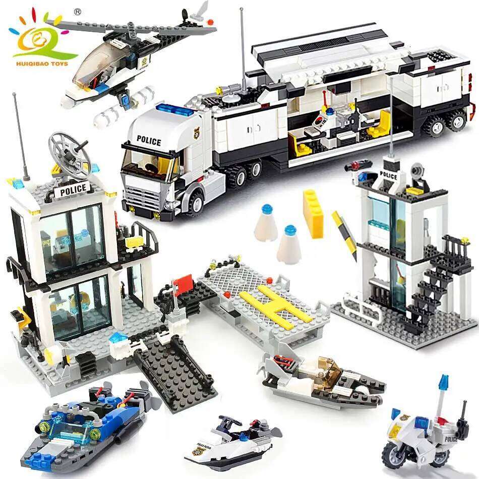 HUIQIBAO City Police Station Building Blocks Prison Truck Helicopter Boat with Policemen Construction Bricks Toys for Children Z260306