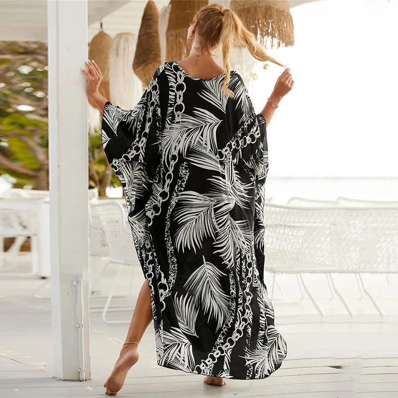Womens Plus Size Animal Print VNeck Batwing Kaftan Beach Dress Bathing Suit CoverUp Loungewear 260228