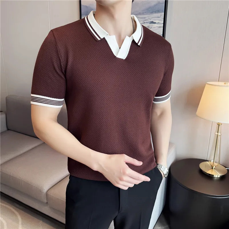 Knitted Polo Shirt Short Sleeved British Style High Stretch Summer Ice Silk Light Thin Solid Casual T-shirt Trendy Men Clothing 260304