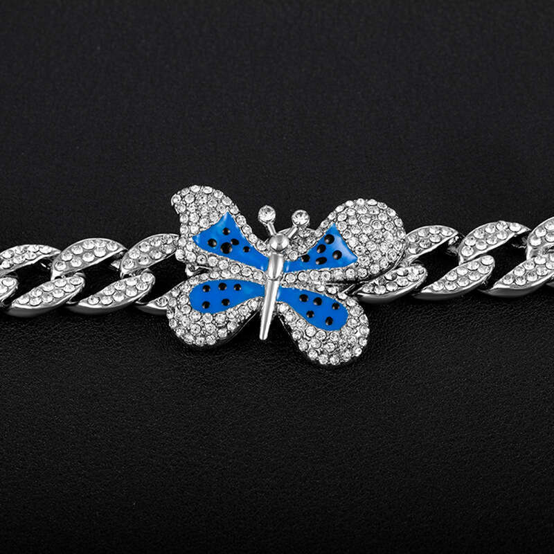 High-Quality European and American INS Jewelry Full Diamond Oil Drop Butterfly Cuban Necklace Hip-Hop Collarbone Chain Women Wholesale Pendant