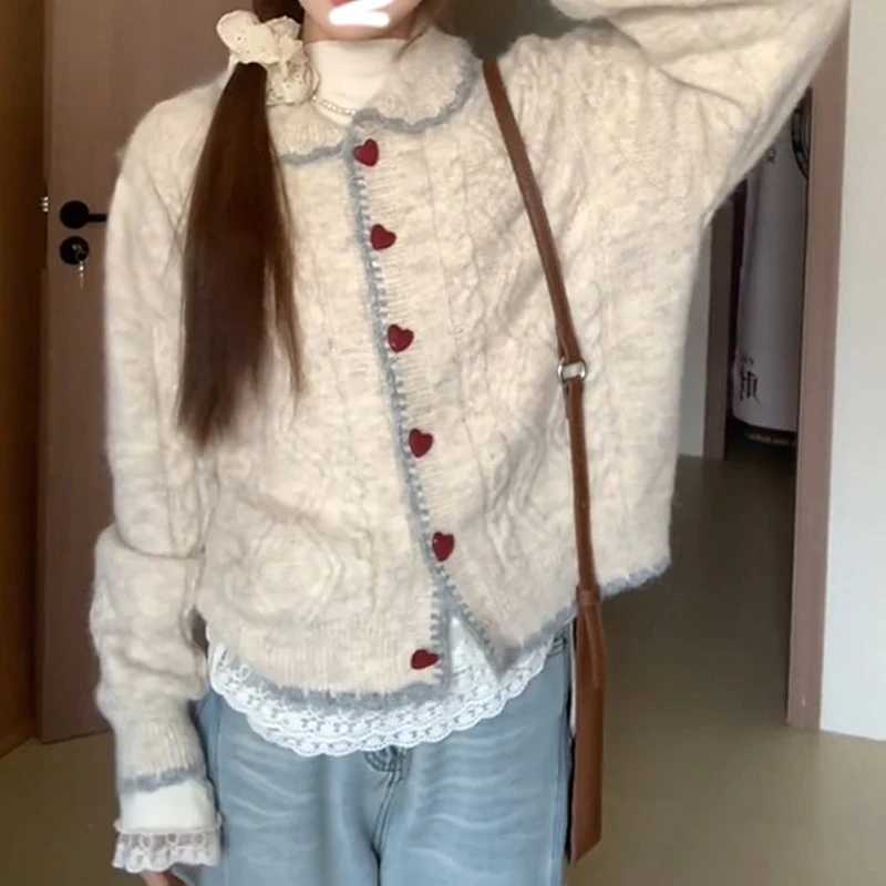 Autumn Winter Womens Long Sleeve Peter Pan Collar Knitted Cardigan Fashion Sweet Women Loose Vintage Cute Jackets Heart Buttons M260306