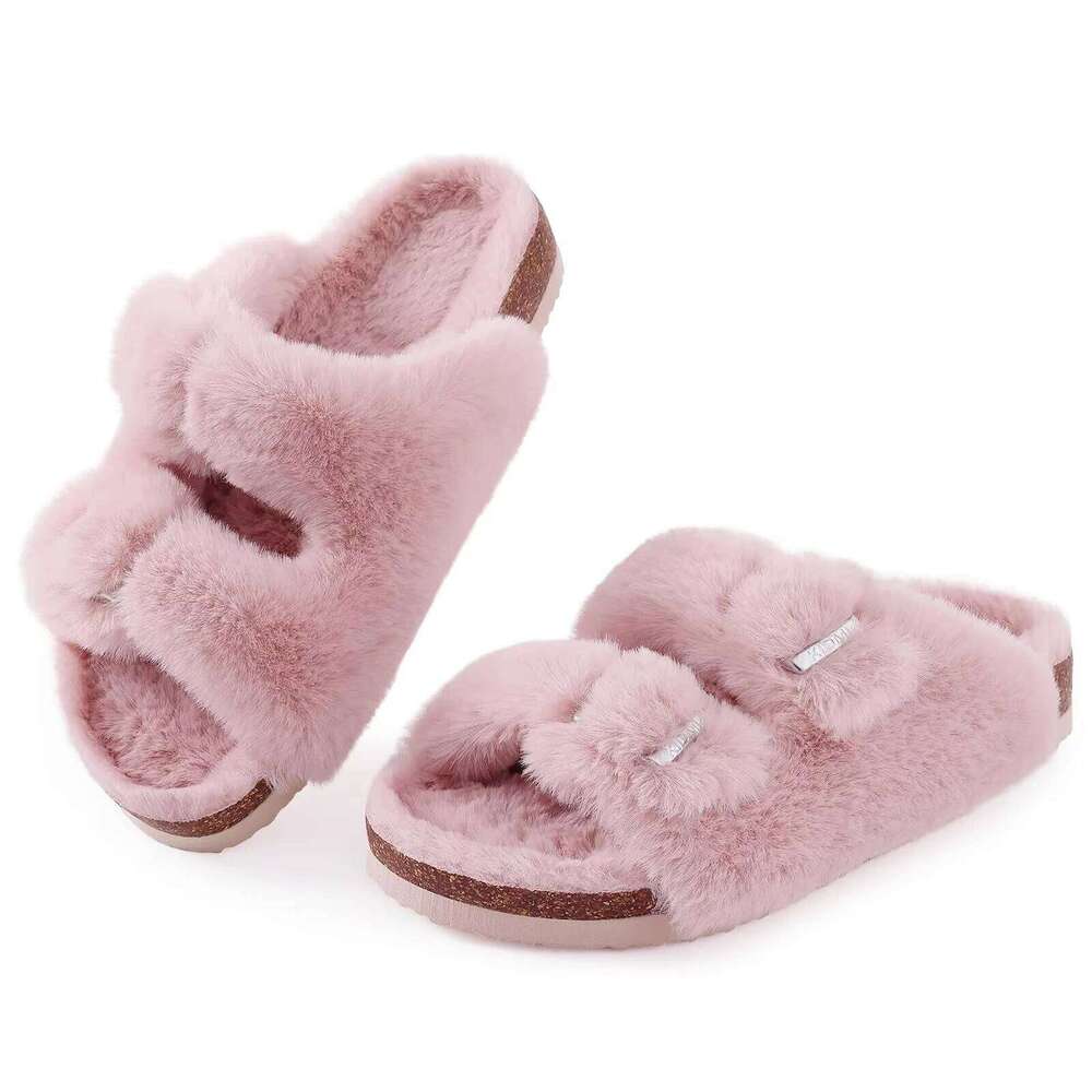 Litfun Winter Plush Lining Slippers For Women Fluffy Open Toe Indoor Slippes With Adjustable Buckle Cork Insole Women's Sandals