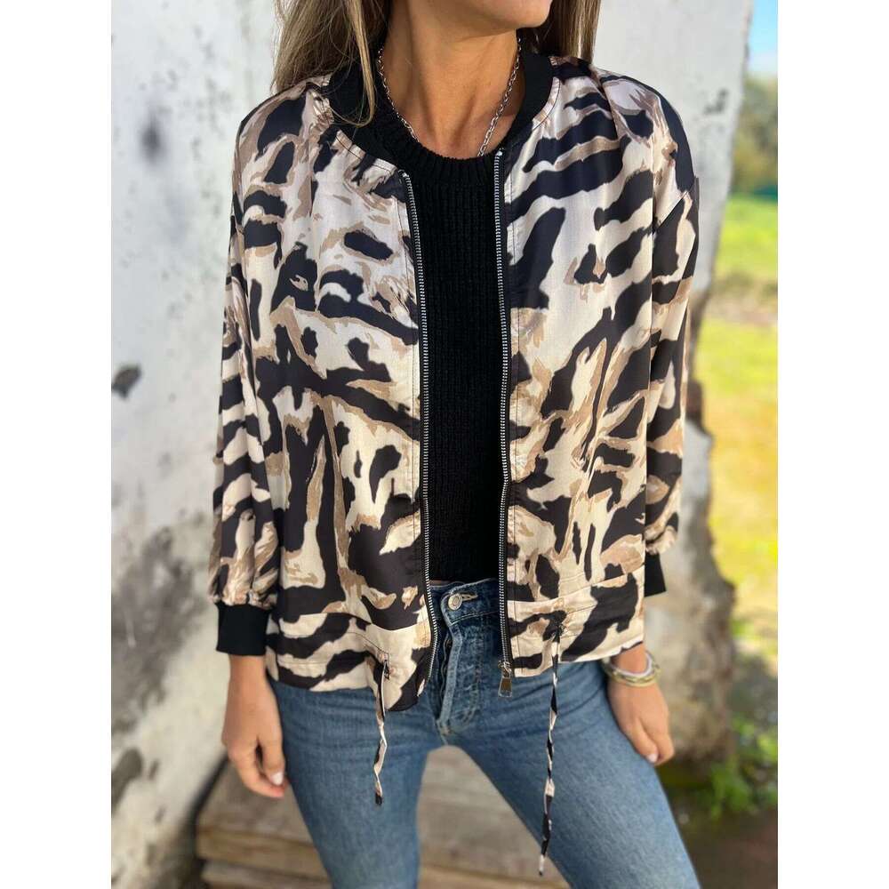 Women's Casual Tiger Print Bomber Jacket Autumn New Arrival Zip Up Long Sleeve Lightweight Outerwear Jacket For Women