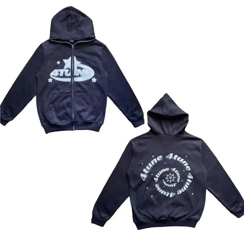 Star Letter Print Hoodie Men Retro Zip Up Long Sleeve Loose Jacket Coats Harajuku Casual Gothic Hooded Sweatshirt Y2K Streetwear 260304